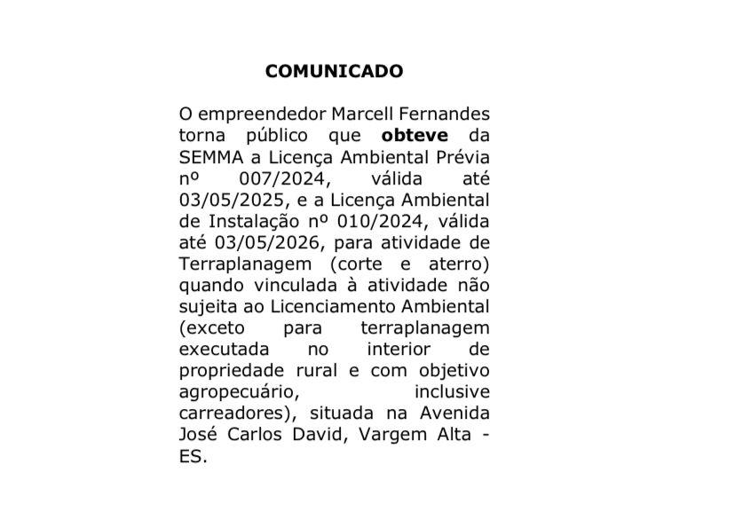 Comunicado de Licença Ambiental