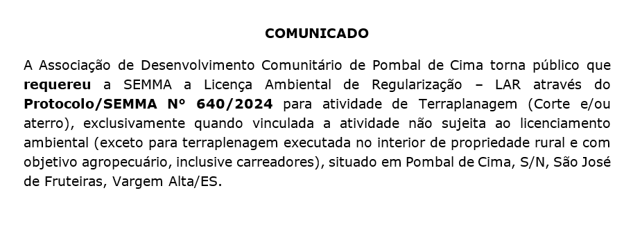 Comunicado de Requerimento Ambiental