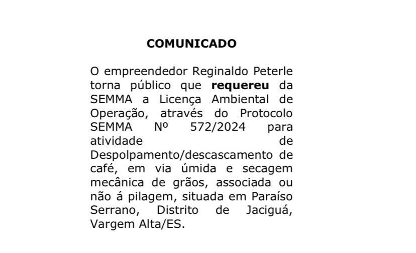 Comunicado de Requerimento Ambiental