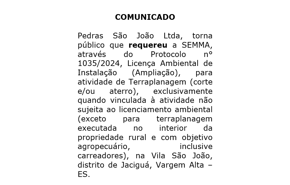 Comunicado de Requerimento Ambiental