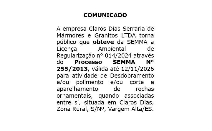 Comunicado de Licença Ambiental