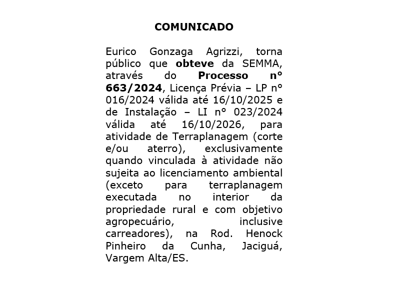 Comunicado de Licença Prévia