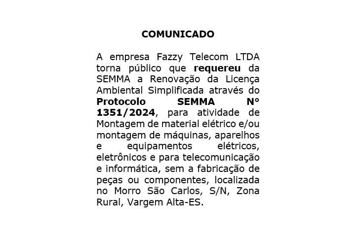 Comunicado de Requerimento Ambiental