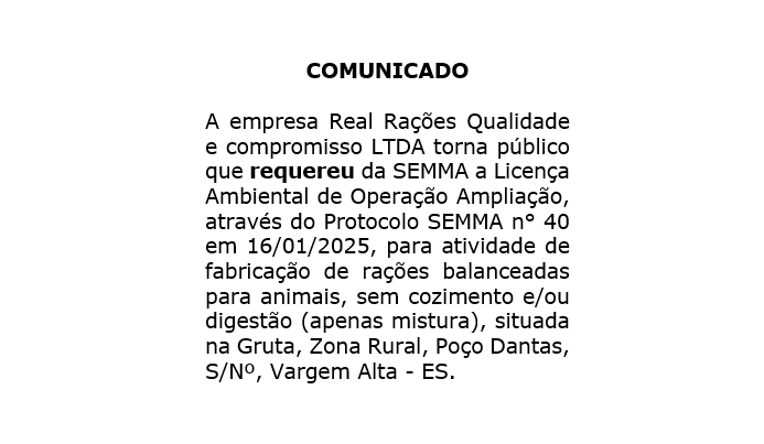Comunicado de Requerimento Ambiental de Operação