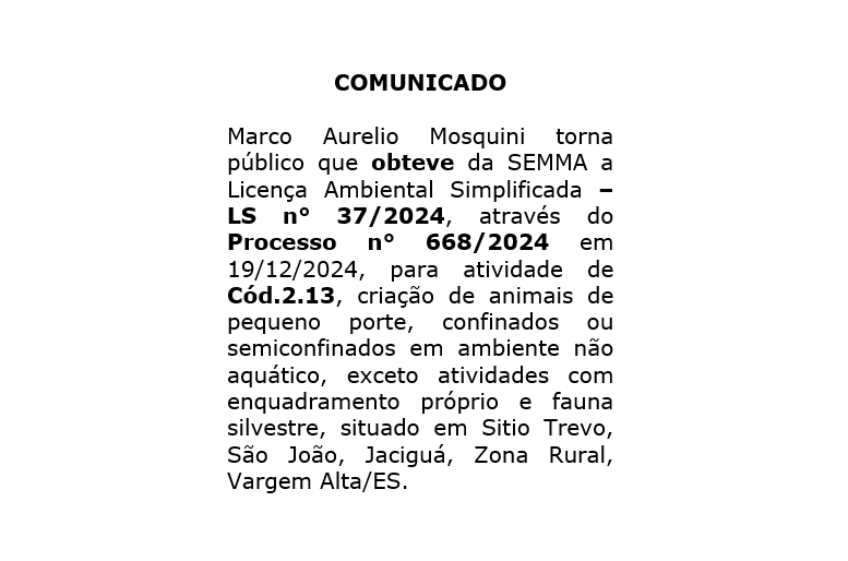 Comunicado de Licença Ambiental