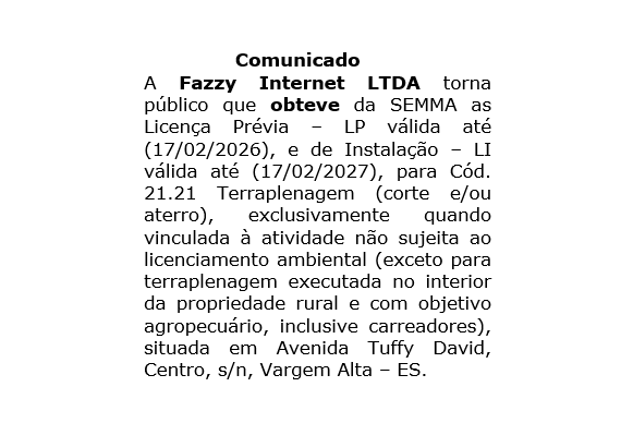 Comunicado de Licença Prévia de Instalação