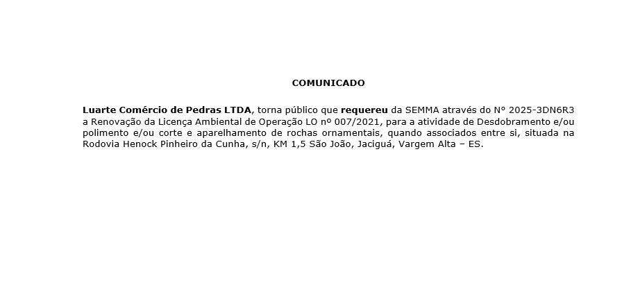 Comunicado de Licença Ambiental de Operação