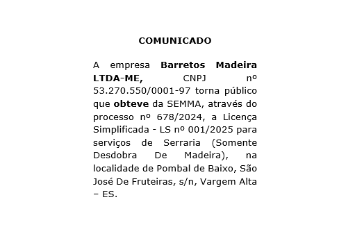 Comunicado de Licença Simplificada