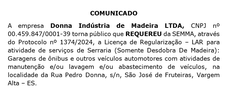 Comunicado de Requerimento Ambiental