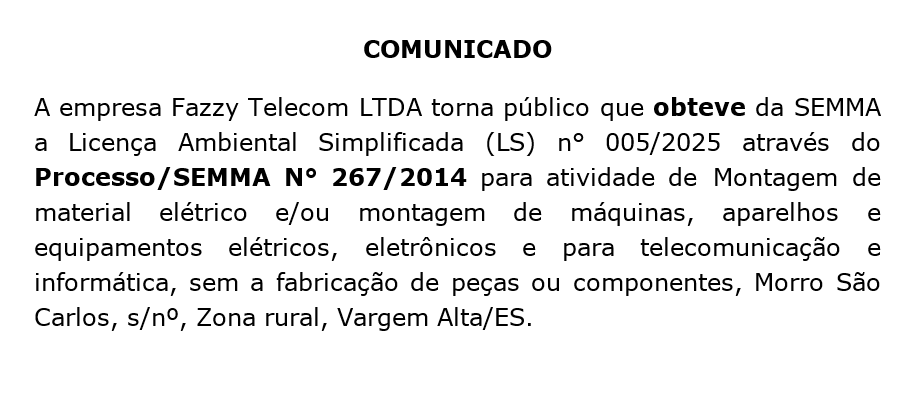 Comunicado de Licença Ambiental