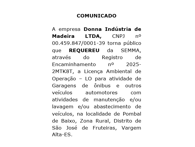 Comunicado de Requerimento Ambiental