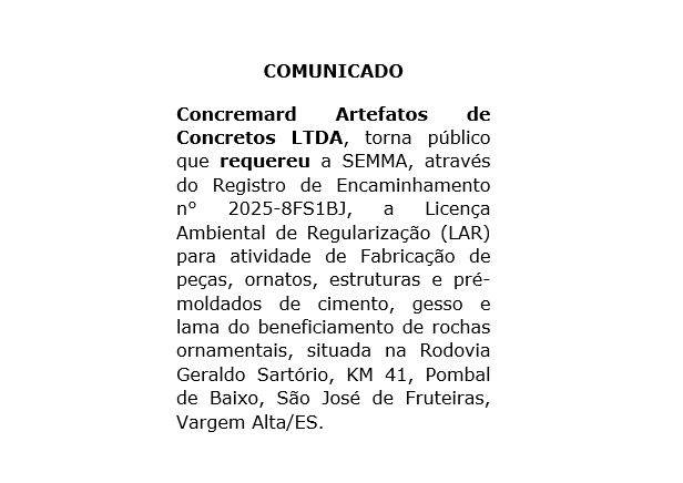Comunicado de Requerimento Ambiental