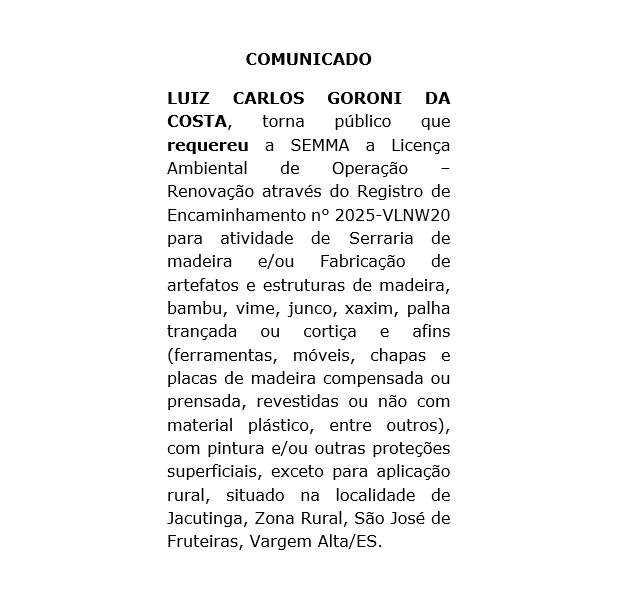Comunicado de Licença Ambiental