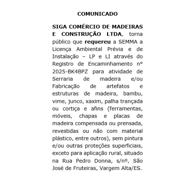 Comunicado de Licença Ambiental