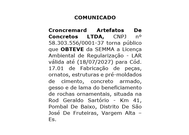 Comunicado de Licença Ambiental