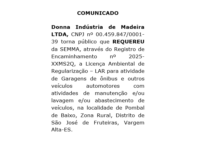 Comunicado de Requerimento Ambiental