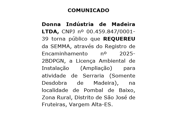 Comunicado de Requerimento Ambiental