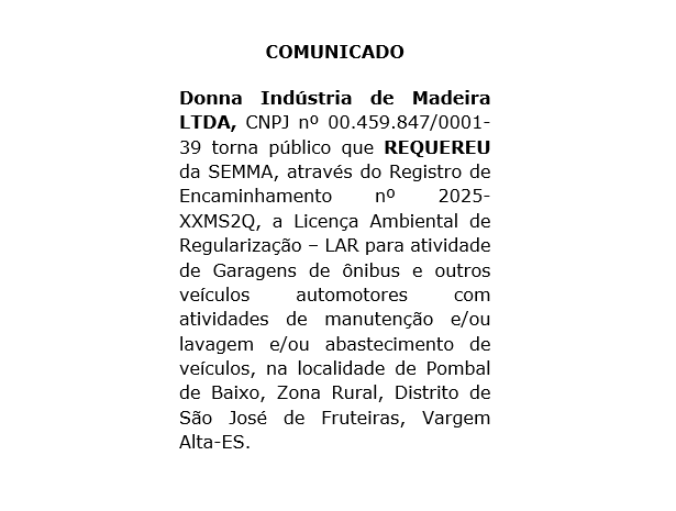 Comunicado de Requerimento Ambiental