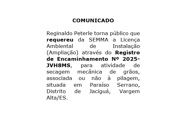 Comunicado de Requerimento Ambiental