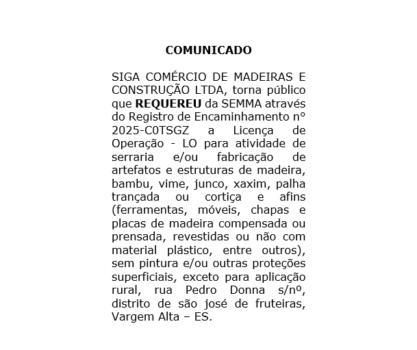 Comunicado de Requerimento Ambiental