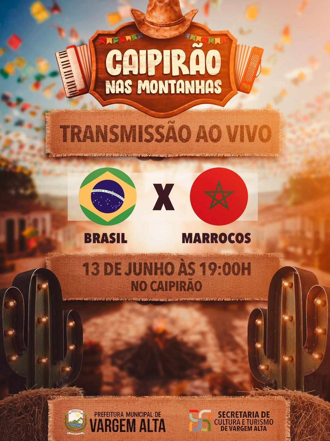 A organização confirmou a transmissão ao vivo da partida entre Brasil e Marrocos, marcada para as 19h de sábado (13), diretamente no espaço do evento, no Parque de Exposições Lair Alvarenga, em Vargem Alta.