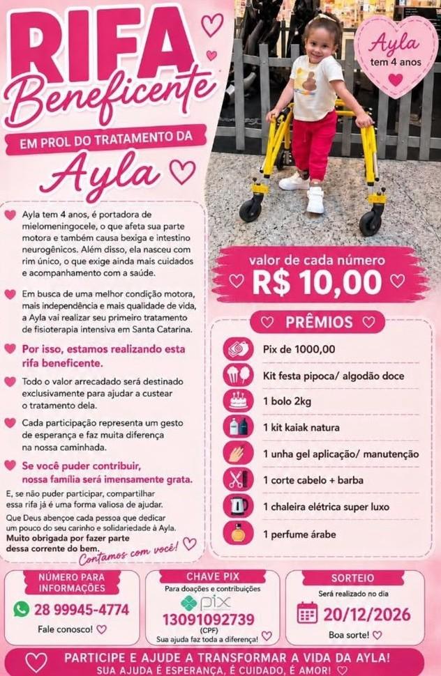 Arte oficial da rifa beneficente organizada pela família da pequena Ayla Rebonato das Neves.