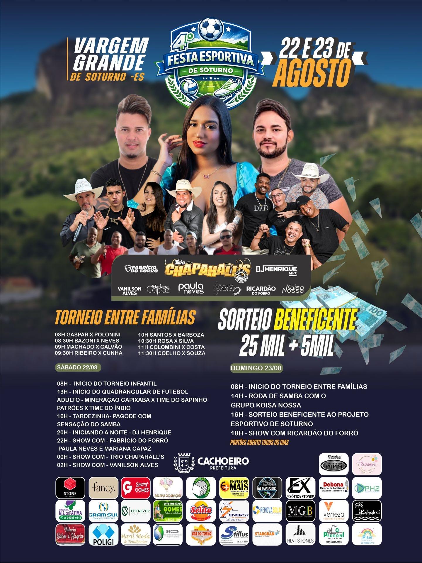 Cartaz oficial da 4ª Festa Esportiva de Soturno apresenta a programação dos dias 22 e 23 de agosto de 2026.
